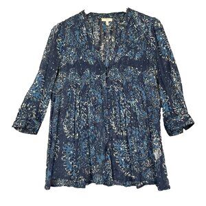 Joie Shirt XS Blouse‎ Blue 100% Silk Waterolor Dot Print Sheer Blouse 3/4 Sleeve